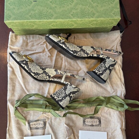 Gucci GG Women Mid-Heel Slingback Horsebit Python Print Leather LIMITED EDITION - Picture 7 of 7